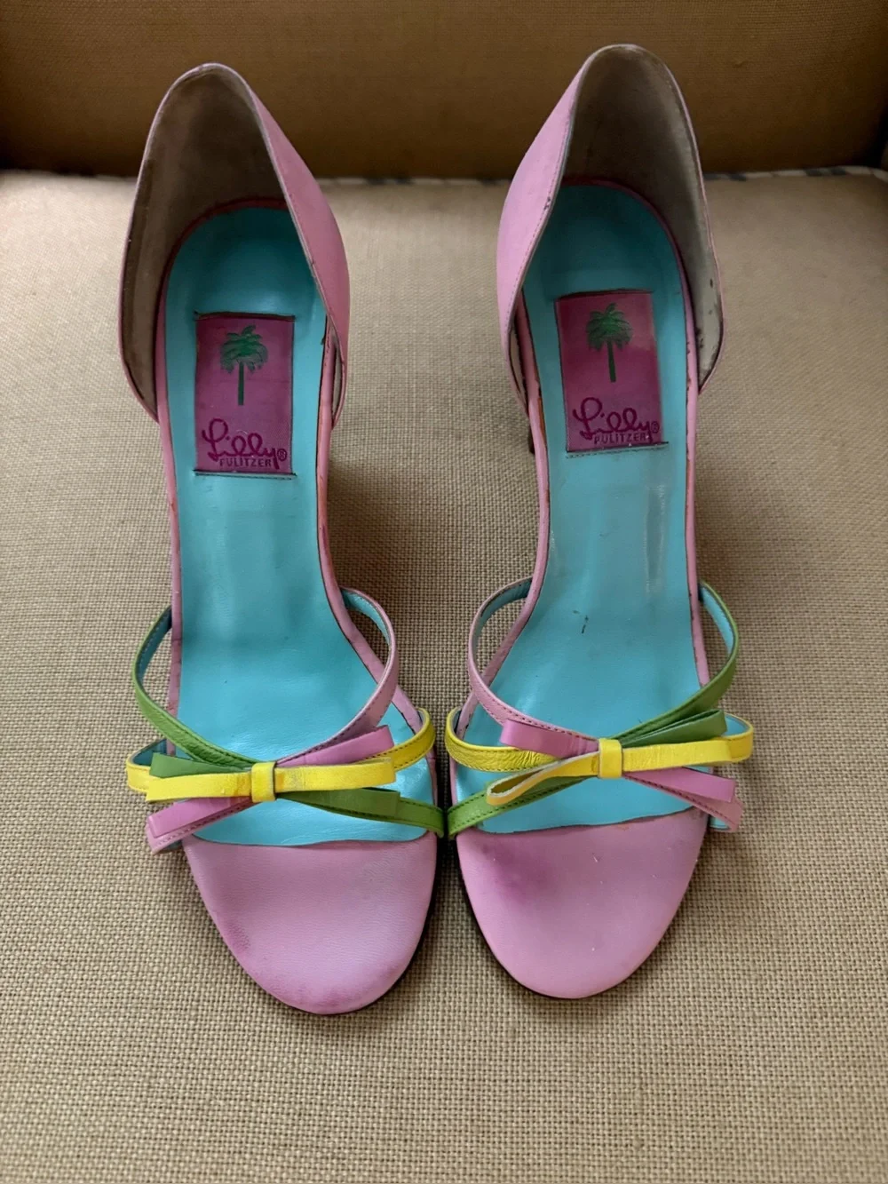 Vintage Lilly Pulitzer Pink Open-Toe Heels with Multicolor Bow Made in Italy